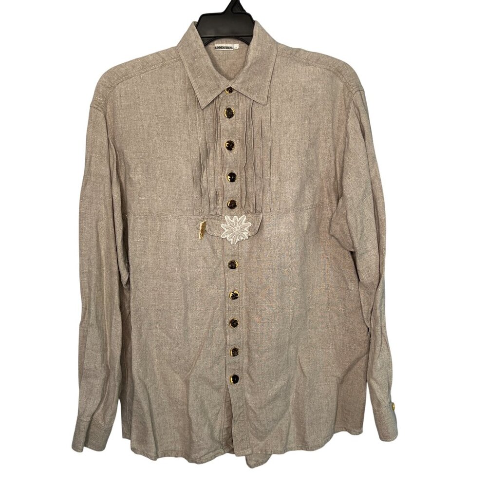 Lodenfrey womens Linen Button-Up Tunic Blouse Sz 41 XL Embroidered Horn Buttons